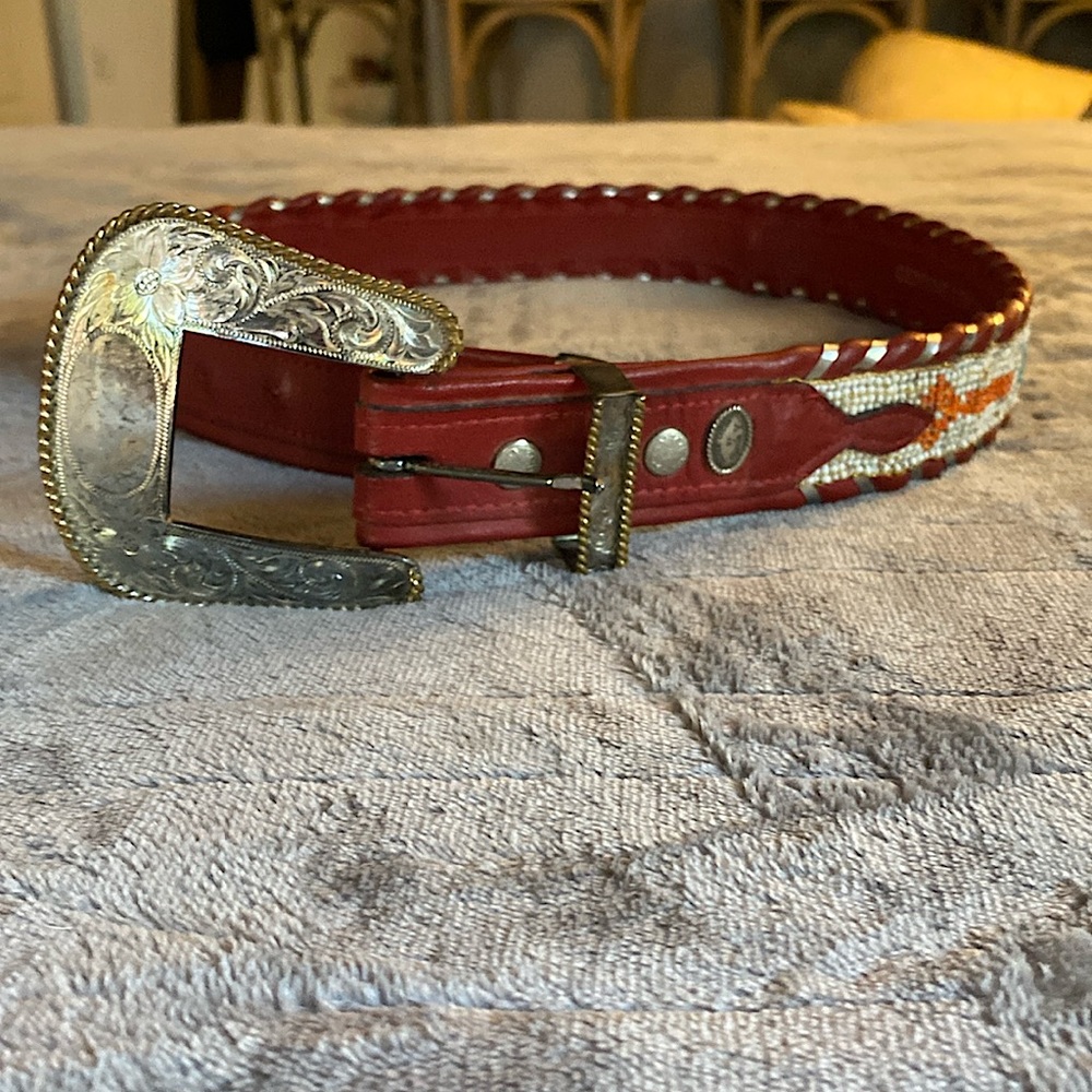 Leather and Silver Beaded Red Western Belt - Size 28